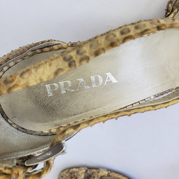 Prada Snake Leather Ankle Strap Woven Raffia Wedge Heel Sandals Size 36.5 Italy - Picture 10 of 16